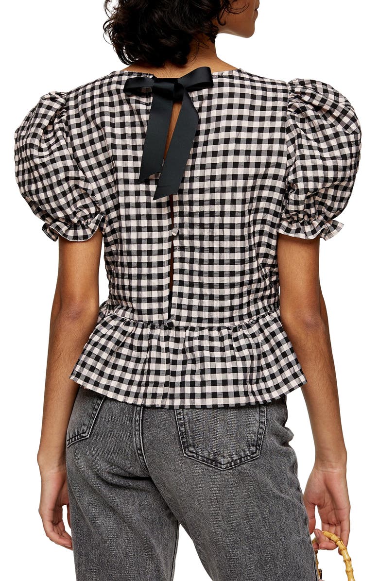 Topshop Check Bow Back Puff Sleeve Blouse, Alternate, color, 