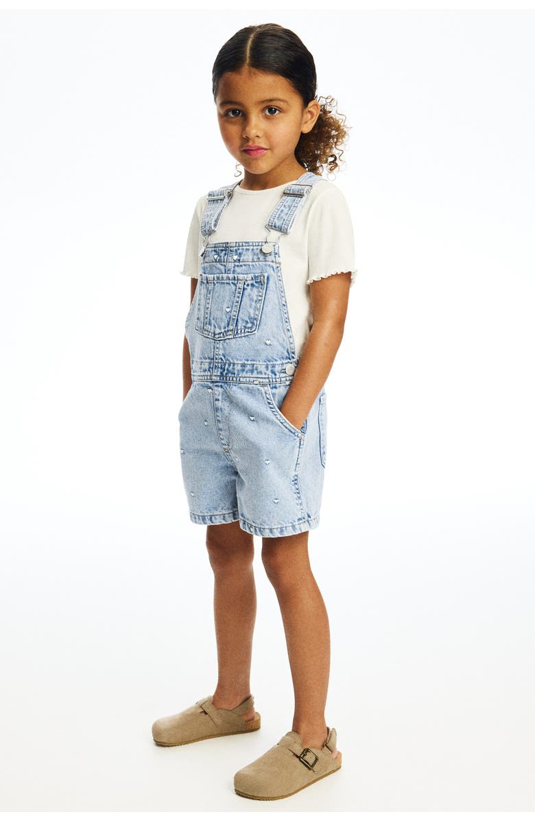 H&M Embroidered Denim Dungaree Shorts, Alternate, color, Light Denim Blue/Hearts