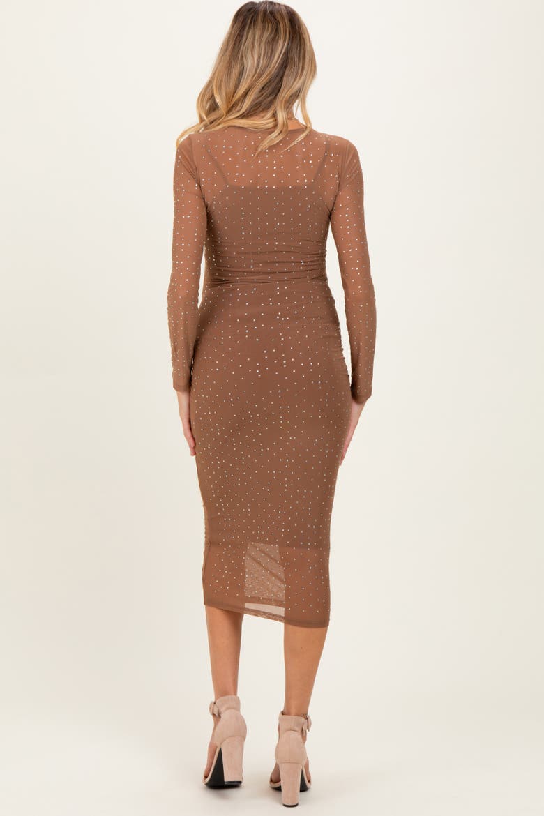 Rhinestone Mesh Long Sleeve Midi Dress, Alternate, color, Mocha