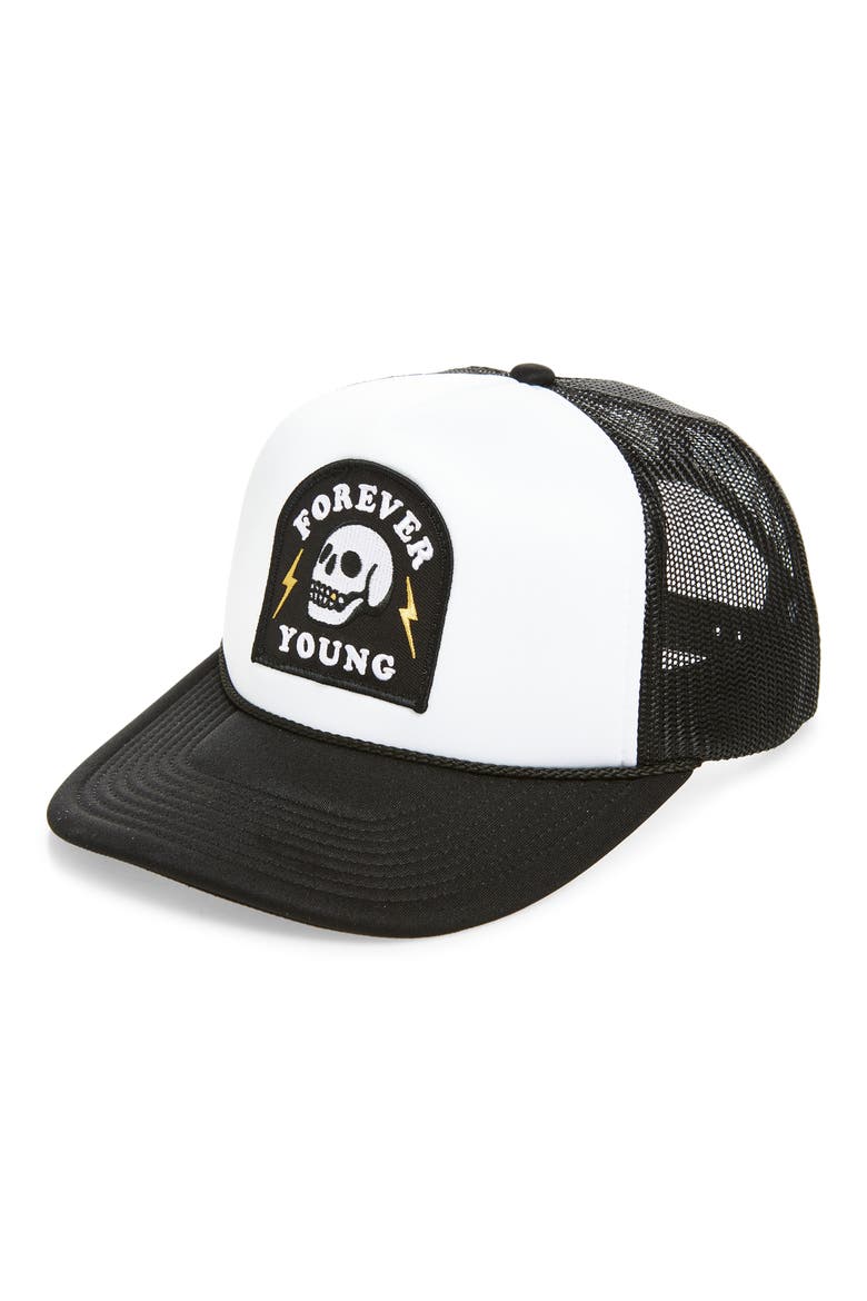 Forever Young Patch Trucker Hat, Main, color, BLACK/ WHITE