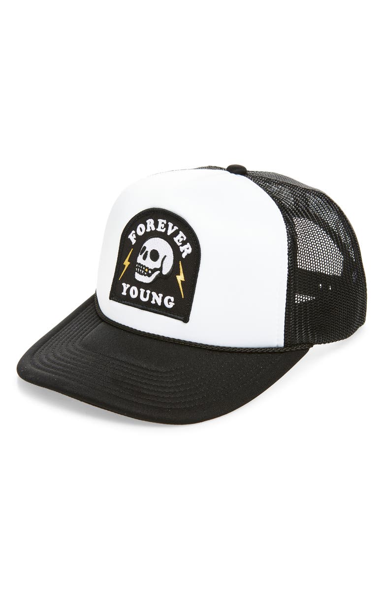 Local Beach Forever Young Patch Trucker Hat, Main, color, Black/ White