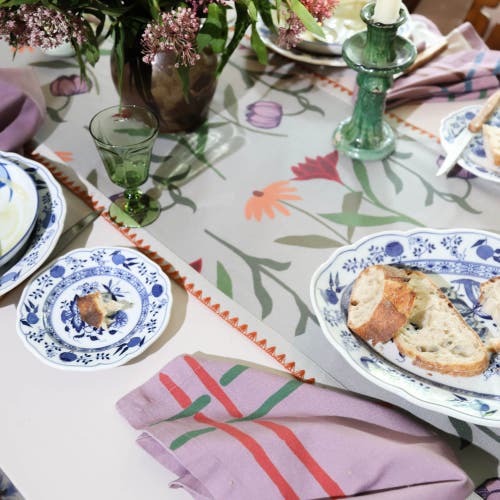 Sophie Williamson Design Small Table Runner In Oversize Bold Flower Print On Light Grey In Blue