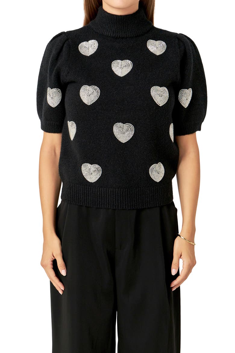 Heart Embellished Puff Sleeve Sweater, Main, color, BLACK