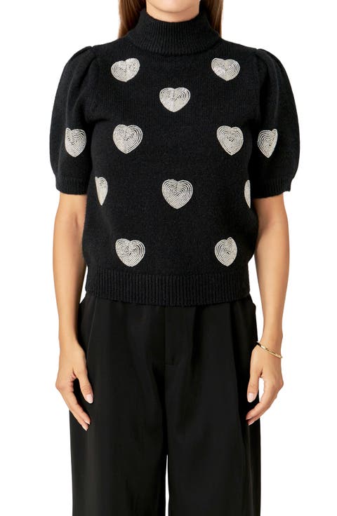 Heart Embellished Puff Sleeve Sweater