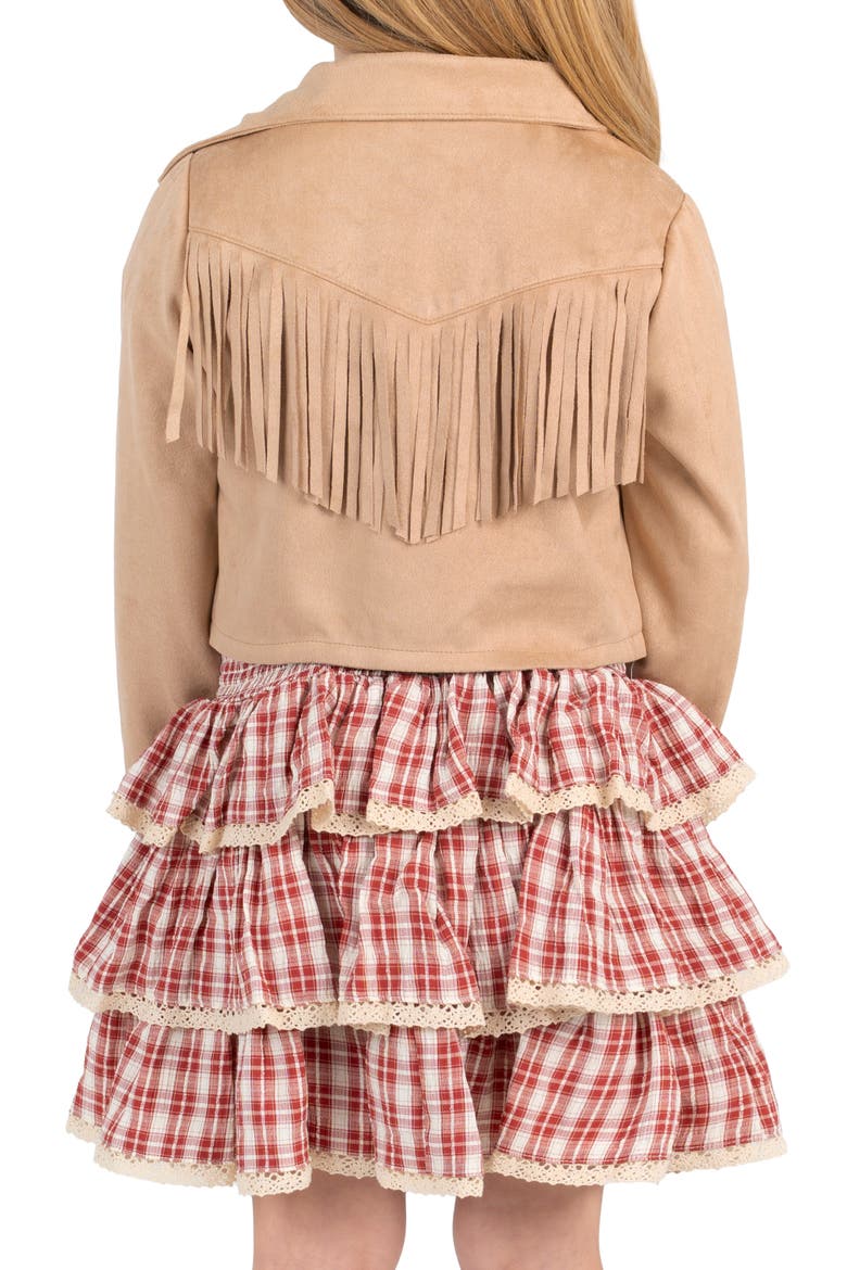 Kids' 3-Piece Faux Suede Fringe Jacket, Top & Plaid Skirt Set, Alternate, color, BEIGE