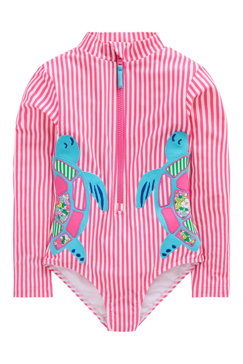 Kids' Long Sleeve One-Piece Swimsuit, Main, color, CARMINE ROSE TURTLES