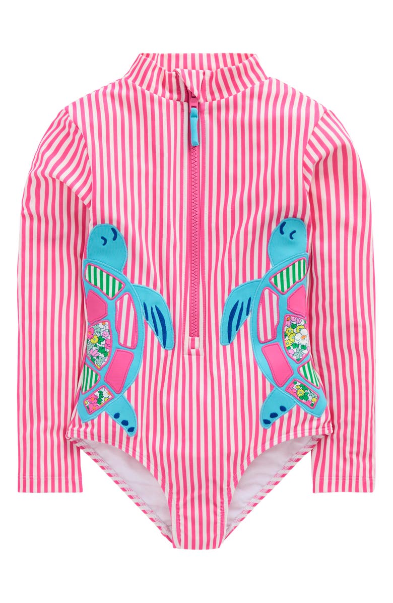 Mini Boden Kids' Long Sleeve One-Piece Swimsuit, Main, color, Carmine Rose Turtles