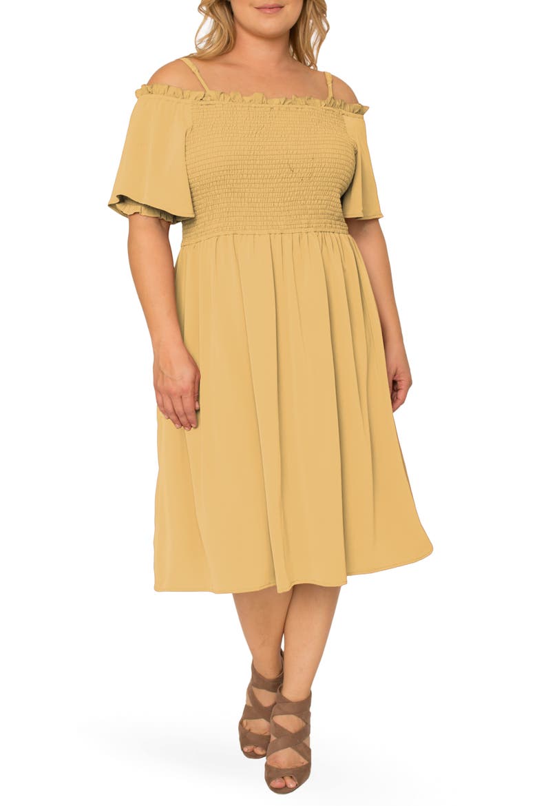 Gabi Cold Shoulder Smocked Midi Dress, Main, color, PALE BANANA