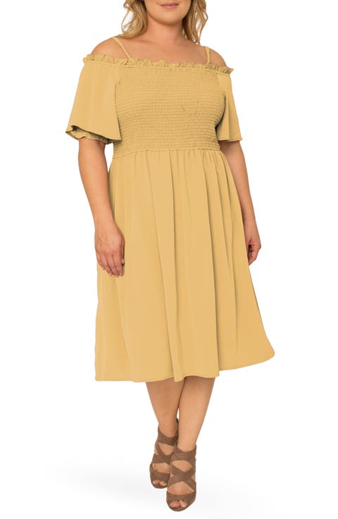 Gabi Cold Shoulder Smocked Midi Dress (Plus Size)