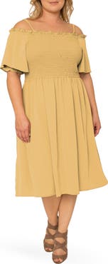 Standards & Practices Gabi Cold Shoulder Smocked Midi Dress