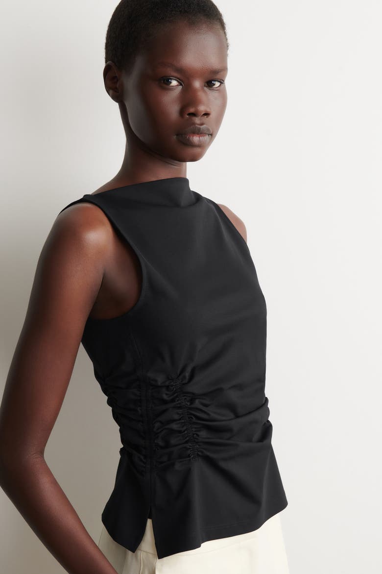 Ruched-waist Cotton-jersey Tank Top, Alternate, color, BLACK
