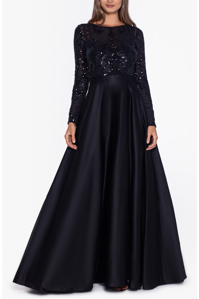 Sequin Long Sleeve Ballgown, Main, color, BLACK/ BLACK