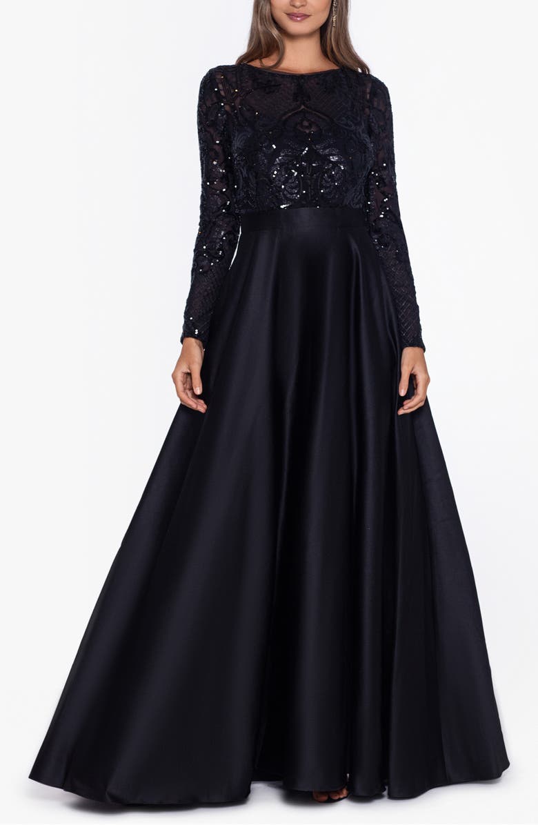 Betsy & Adam Sequin Long Sleeve Ballgown, Main, color, Black/ Black