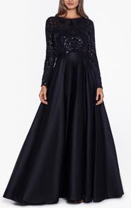Betsy & Adam Sequin Long Sleeve Ballgown