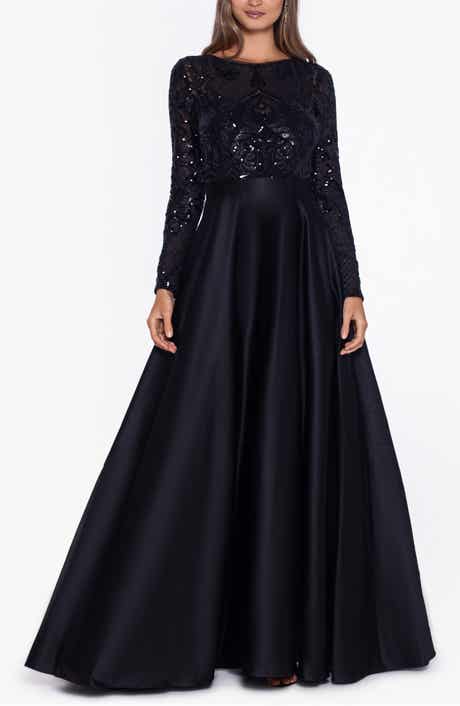 Betsy & Adam Sequin Long Sleeve Ballgown