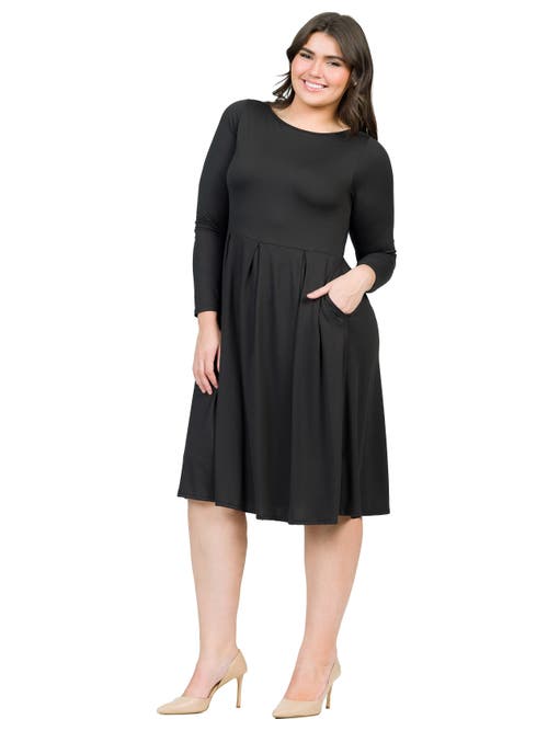 24seven Comfort Apparel Long Sleeve Fit And Flare Midi Dress In Black