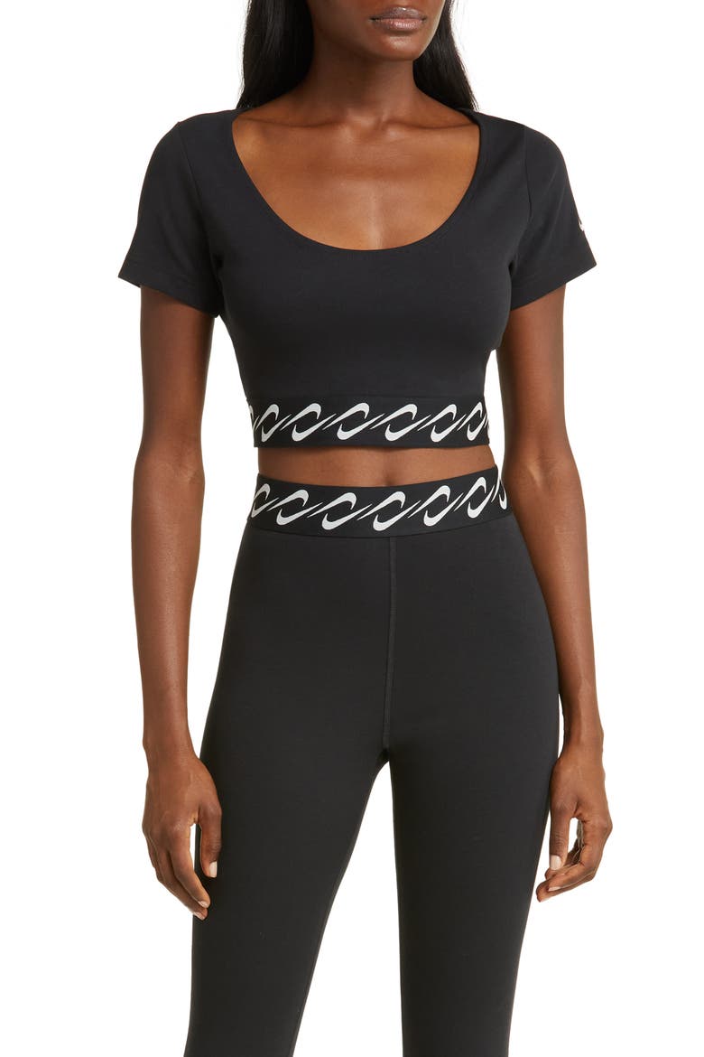 Essentials Swoosh Taping Crop T-Shirt, Main, color, BLACK/ SAIL