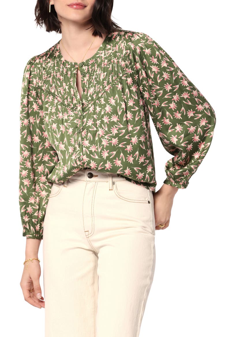 Fanning Floral Print Lace-Up Blouse, Main, color, LODEN GREEN MULTI