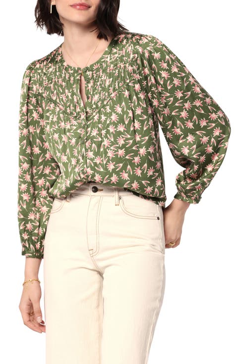 Fanning Floral Print Lace-Up Blouse