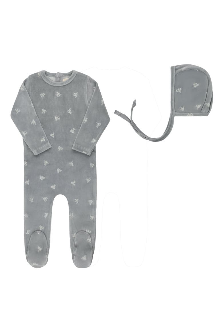 Velour Leaf Pattern Collection - Footie + Bonnet, Main, color, Blue