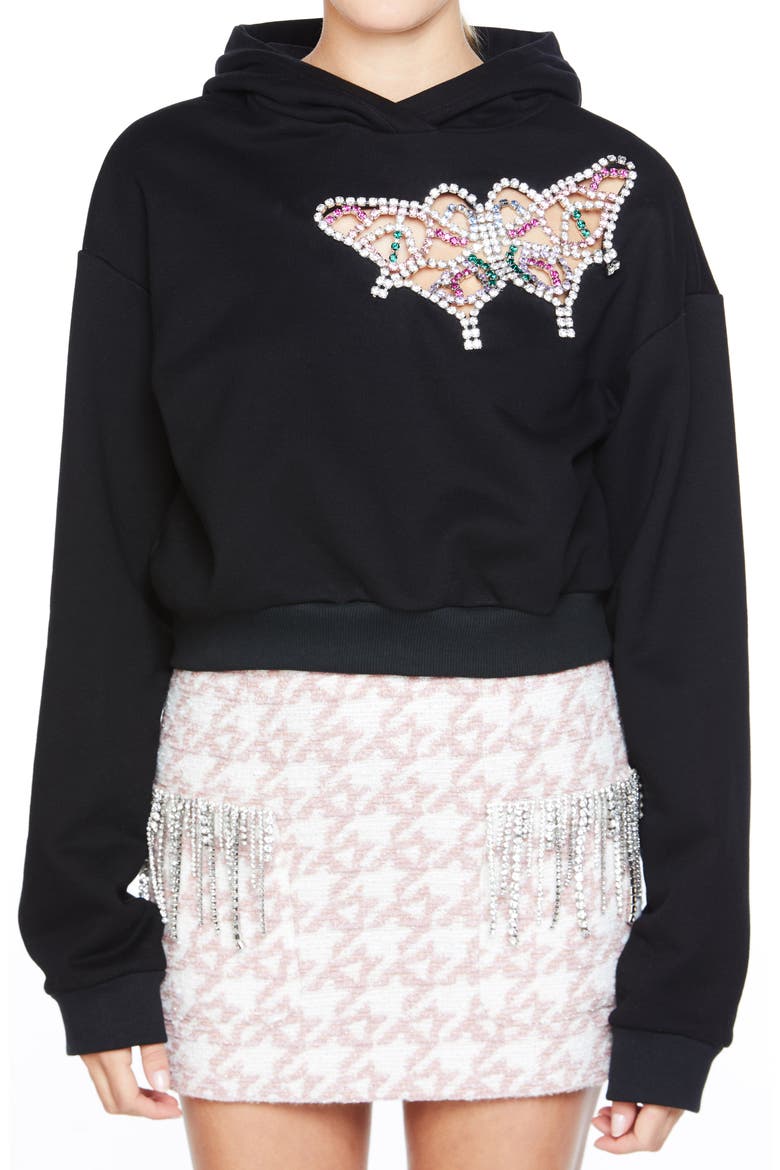 Crystal Cutout Butterfly Crop Hoodie, Main, color, BLACK/ MULTI