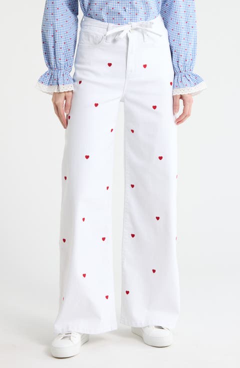 Embroidered Heart High Waist Wide Leg Jeans
