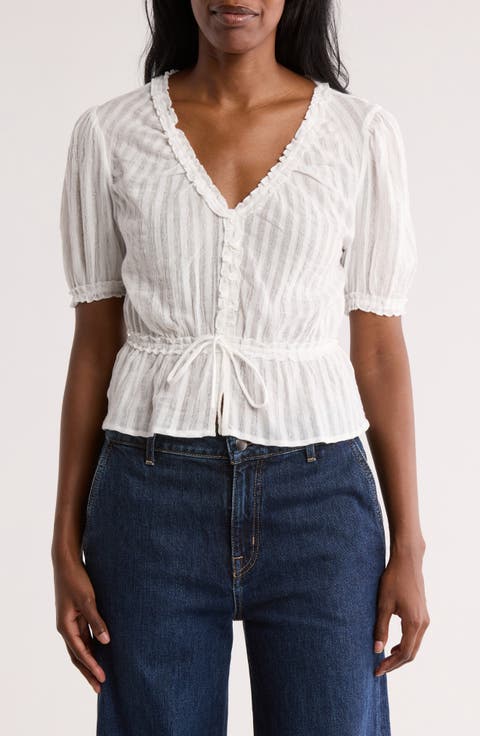 Shadow Stripe Ruffle Cotton Button Top