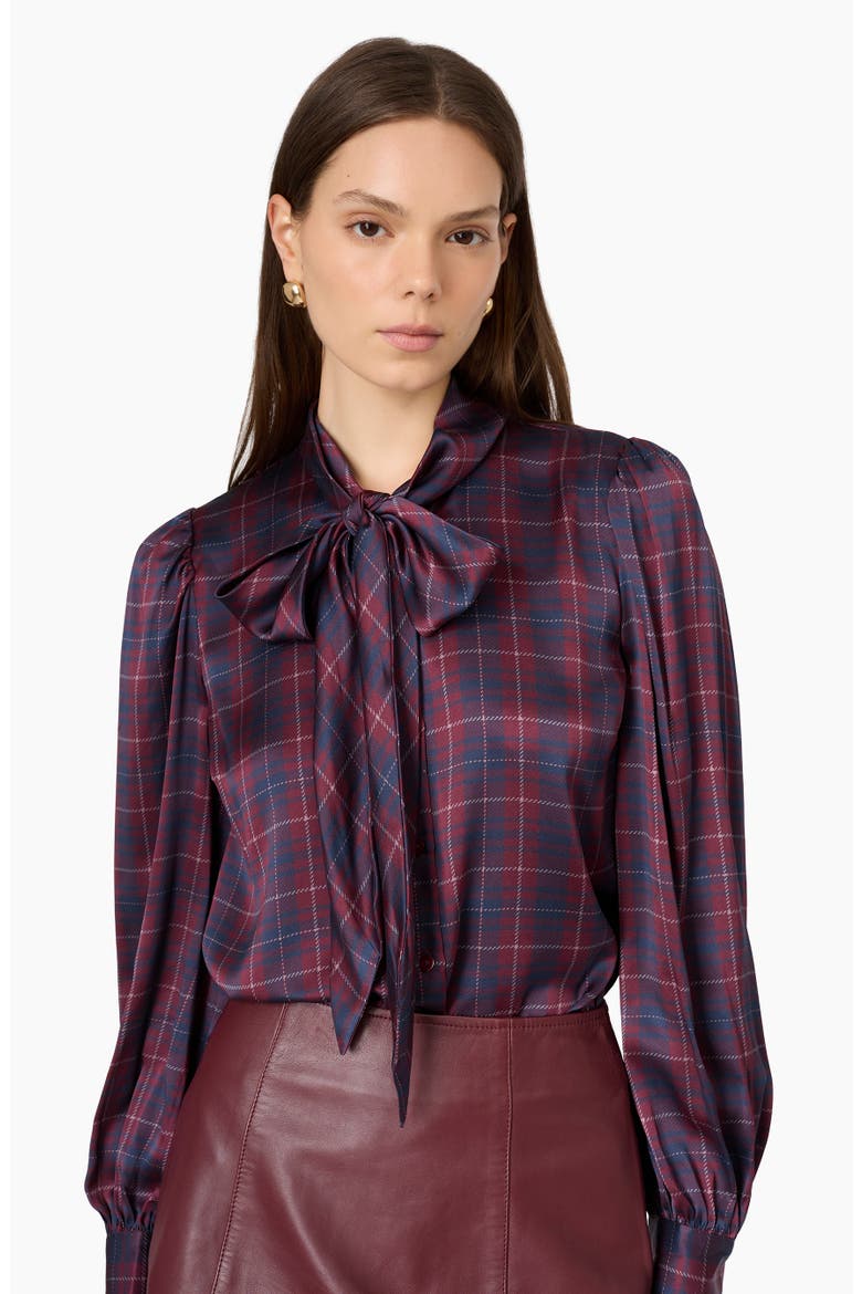 Rema Silk Charmeuse Tie Neck Top, Alternate, color, PLUM PLAID