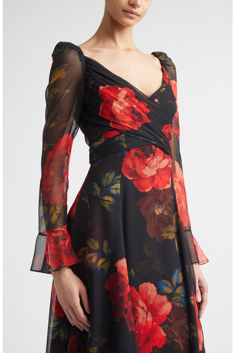 Rose Print Long Sleeve Cross Front Silk Chiffon Midi Dress, Alternate, color, BLACK MULTI