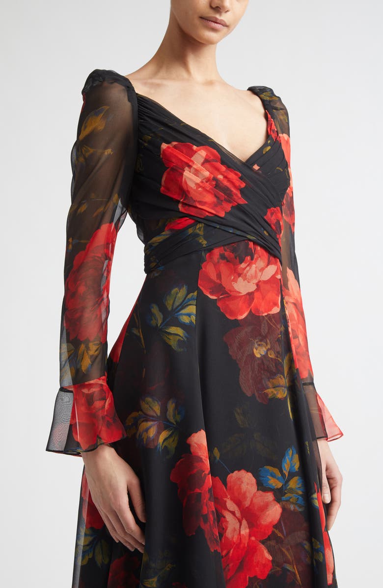 Carolina Herrera Rose Print Long Sleeve Cross Front Silk Chiffon Midi Dress, Alternate, color, Black Multi