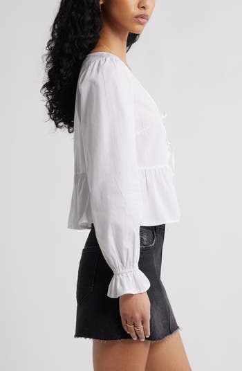 Tie Front Scoop Neck Cotton Poplin Peplum Top