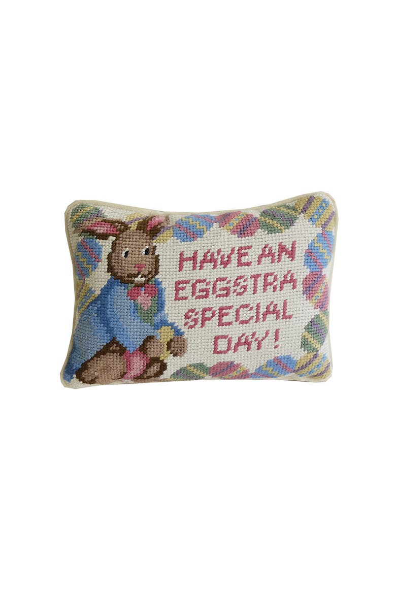 "Have An Eggstra Special Day" Easter Bunny Vintage Needlepoint Mini Accent Pillow 6.5" x 9", Main, color, Pink