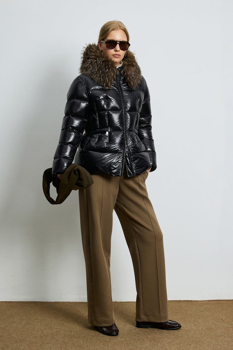 Women's Shiny Down Puffer Jacket With Removable Fur Collar, Alternate, color, Black