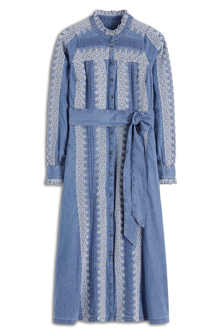 Ruffle Embroidered Long Sleeve Chambray Shirtdress, Alternate, color, LIGHT BLUE CHAMBRAY