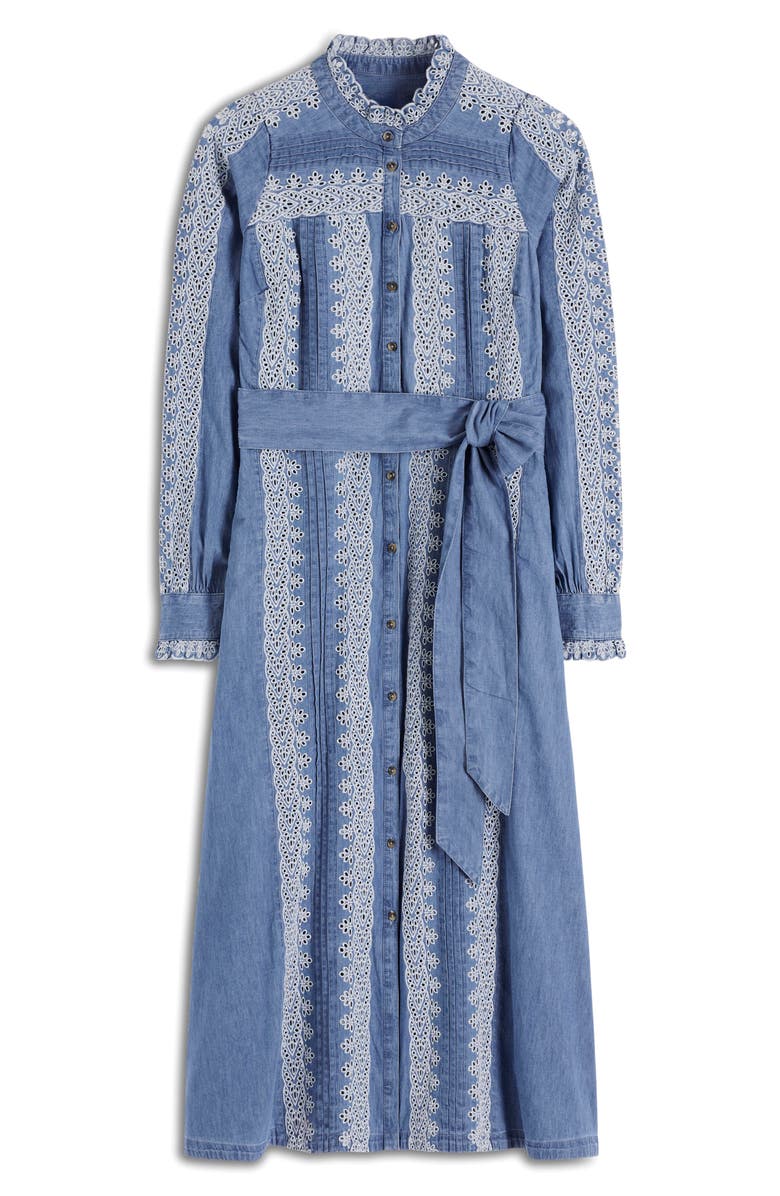 Boden Ruffle Embroidered Long Sleeve Chambray Shirtdress, Alternate, color, Light Blue Chambray