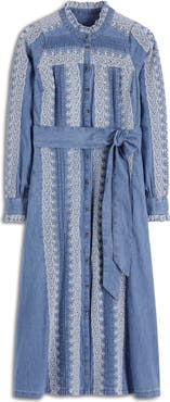 Boden Ruffle Embroidered Long Sleeve Chambray Shirtdress