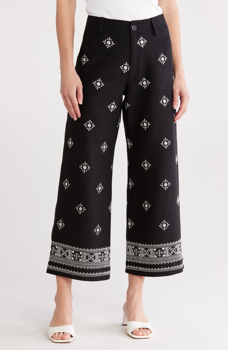 T Tahari Embroidered Border Pants, Main, color, Black/ Ivory