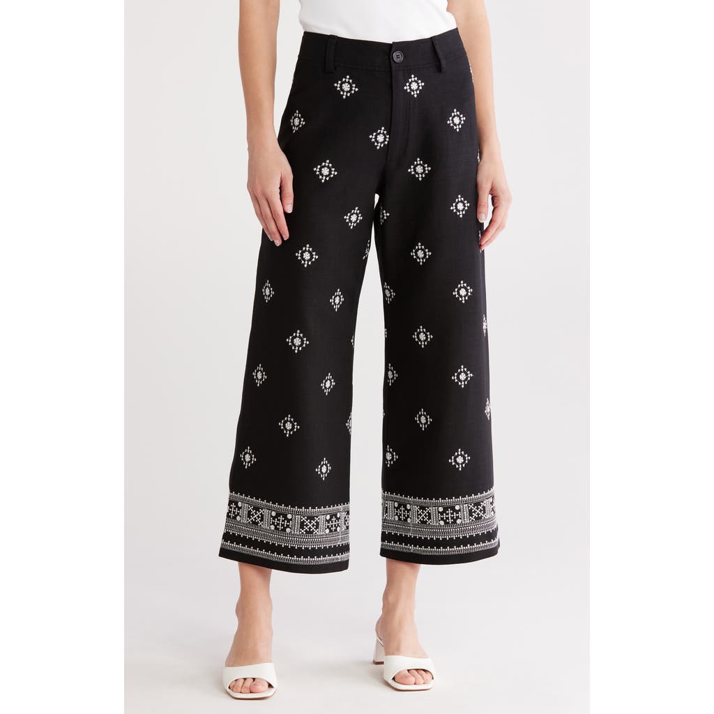 T Tahari Embroidered Border Pants In Black