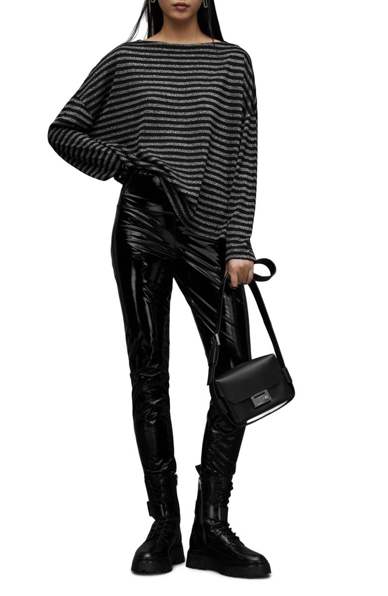 AllSaints Rita Stripe Long Sleeve Boat Neck T-Shirt, Alternate, color, Black Shimmer