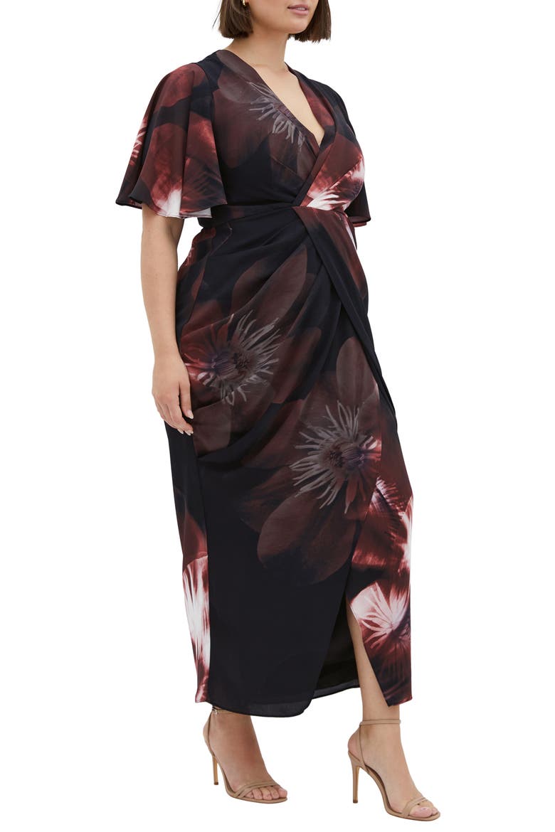 Braelynn Floral Flutter Sleeve Maxi Dress, Alternate, color, BLACK/ SUEDED ROSE