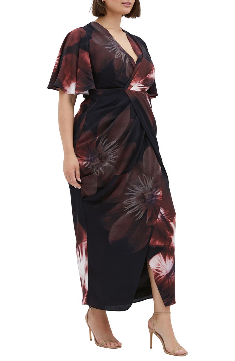 City Chic Braelynn Floral Flutter Sleeve Maxi Dress, Alternate, color, 