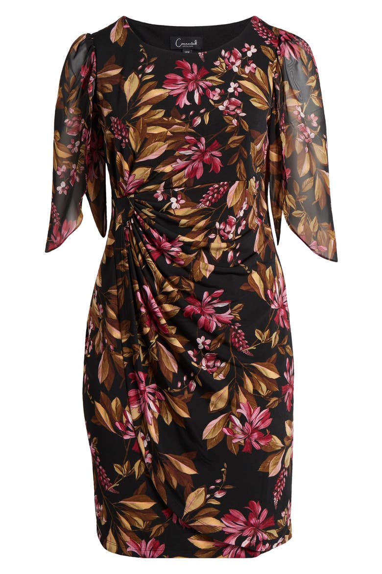 Floral Chiffon Sleeve Faux Wrap Dress, Alternate, color, MERLOT