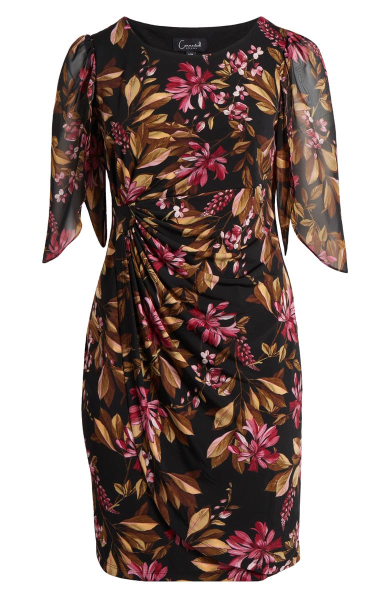 Connected Apparel Floral Chiffon Sleeve Faux Wrap Dress, Alternate, color, Merlot