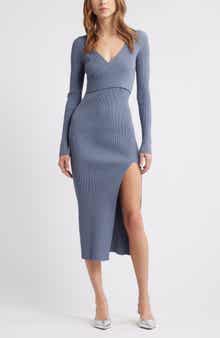 Open Edit Luxe Long Sleeve Sculpt Rib Faux-Wrap Dress