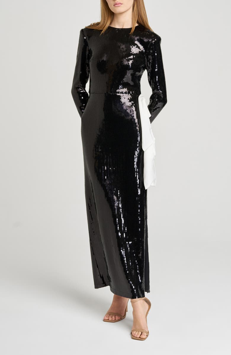 WAYF Charlize Sequin Side Bow Long Sleeve Maxi Dress, Alternate, color, Black