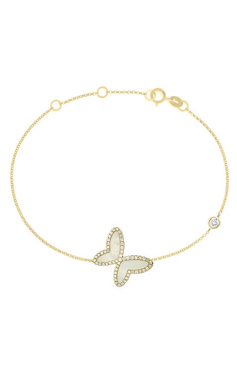 18K Yellow Gold Diamond Mother of Pearl Butterfly Bracelet