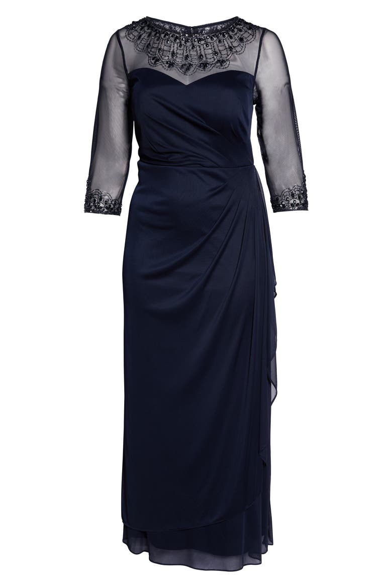 Beaded Illusion Neck A-Line Gown, Alternate, color, DARK NAVY