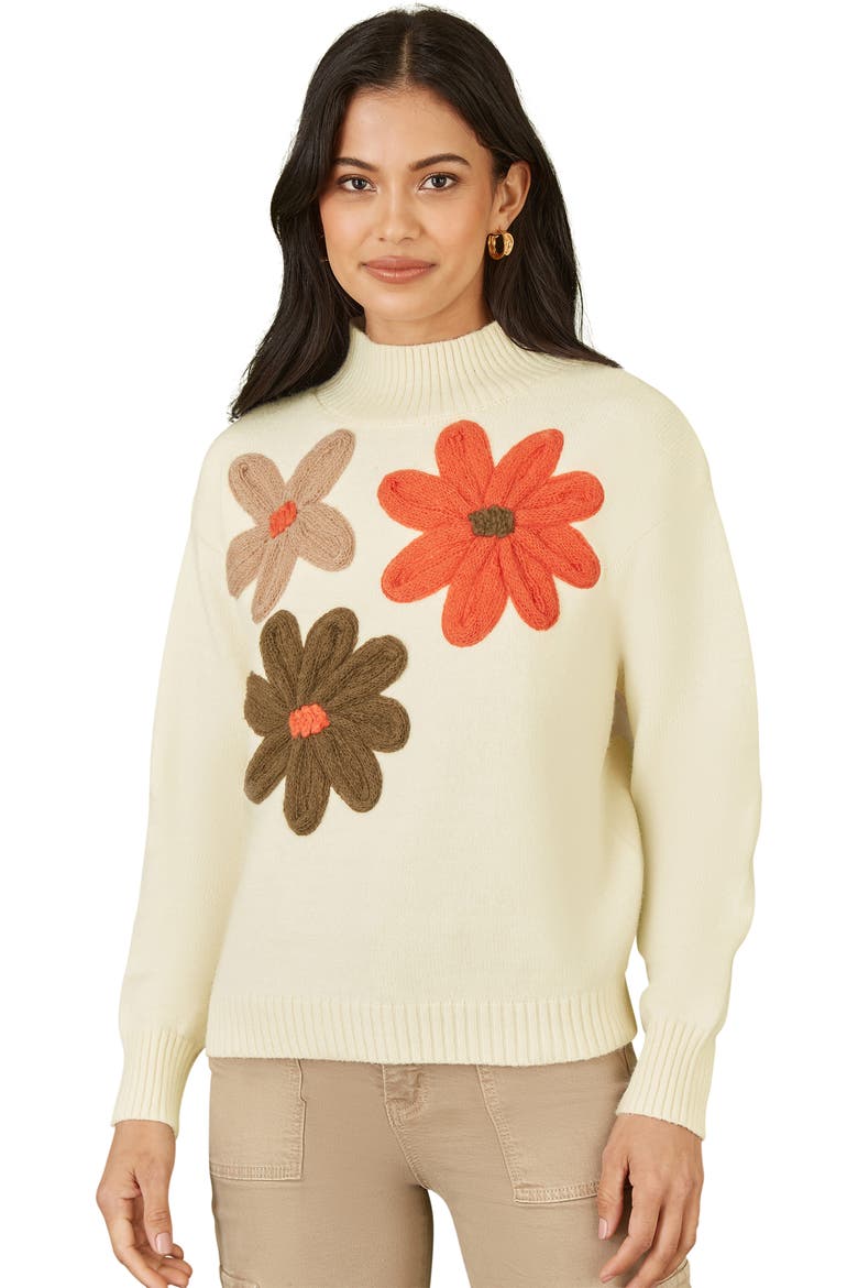 Floral Detail High Neck Knit Sweater, Main, color, Ivory
