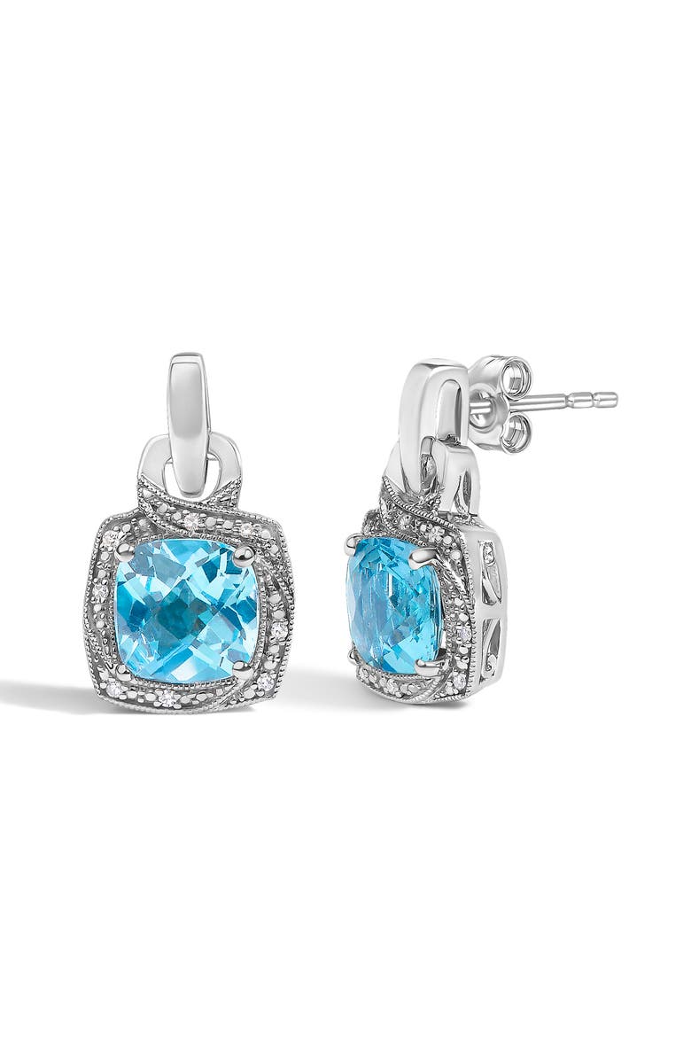 Sterling Silver Cushion Cut Blue Topaz and Diamond Accent Geometric Dangle Earrings, Alternate, color, Silver