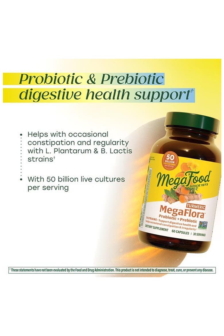 MegaFlora Probiotic + Prebiotic with Turmeric, 50 Billion CFU, Vegetarian, 90 Capsules, Alternate, color, None